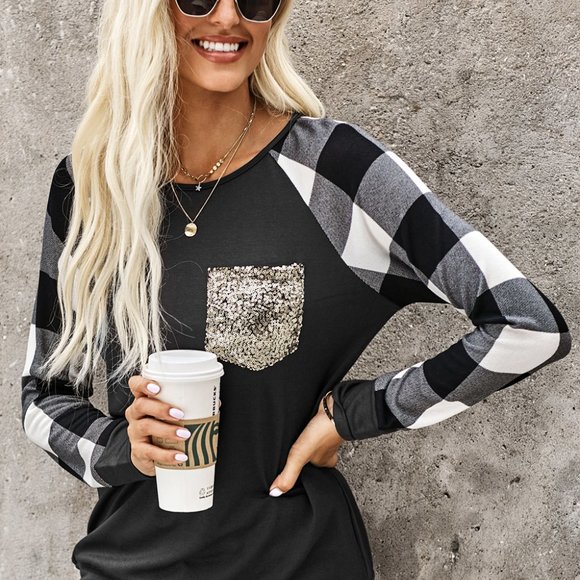 NEW! Black White Buffalo Check Sleeve Shirt Sequin - Picture 10 of 14